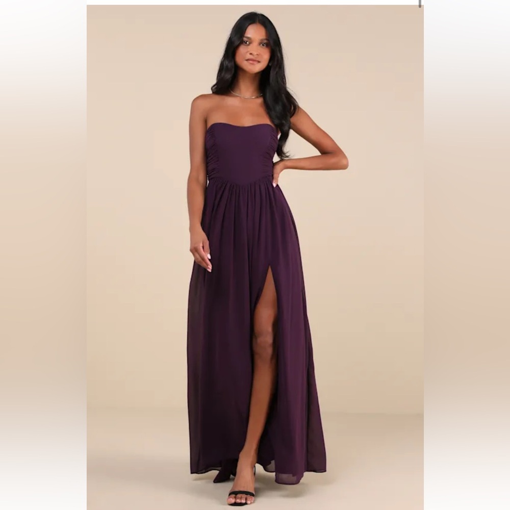 Lulus Luxe Favorite Dark Purple Strapless Ruched Bodice Maxi Dress in Plum
